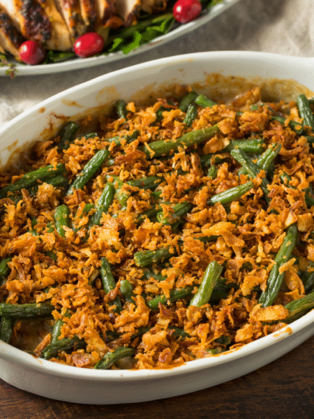 Green Bean Casserole in white baking dish with crispy onions on top