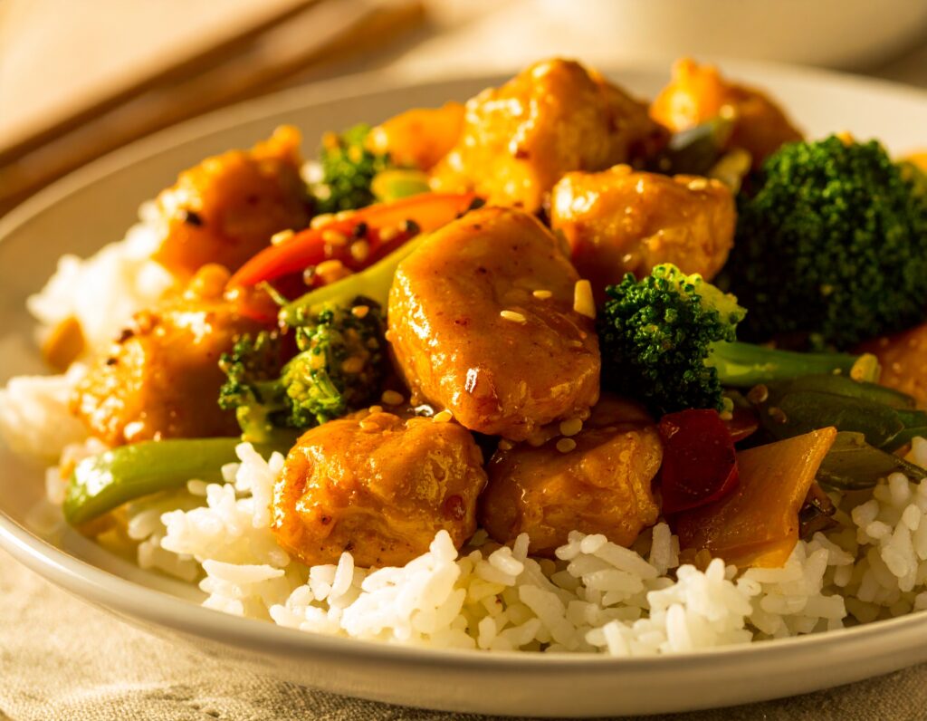 Honey garlic chicken stir fry with vegetables and rice in a white bowl.