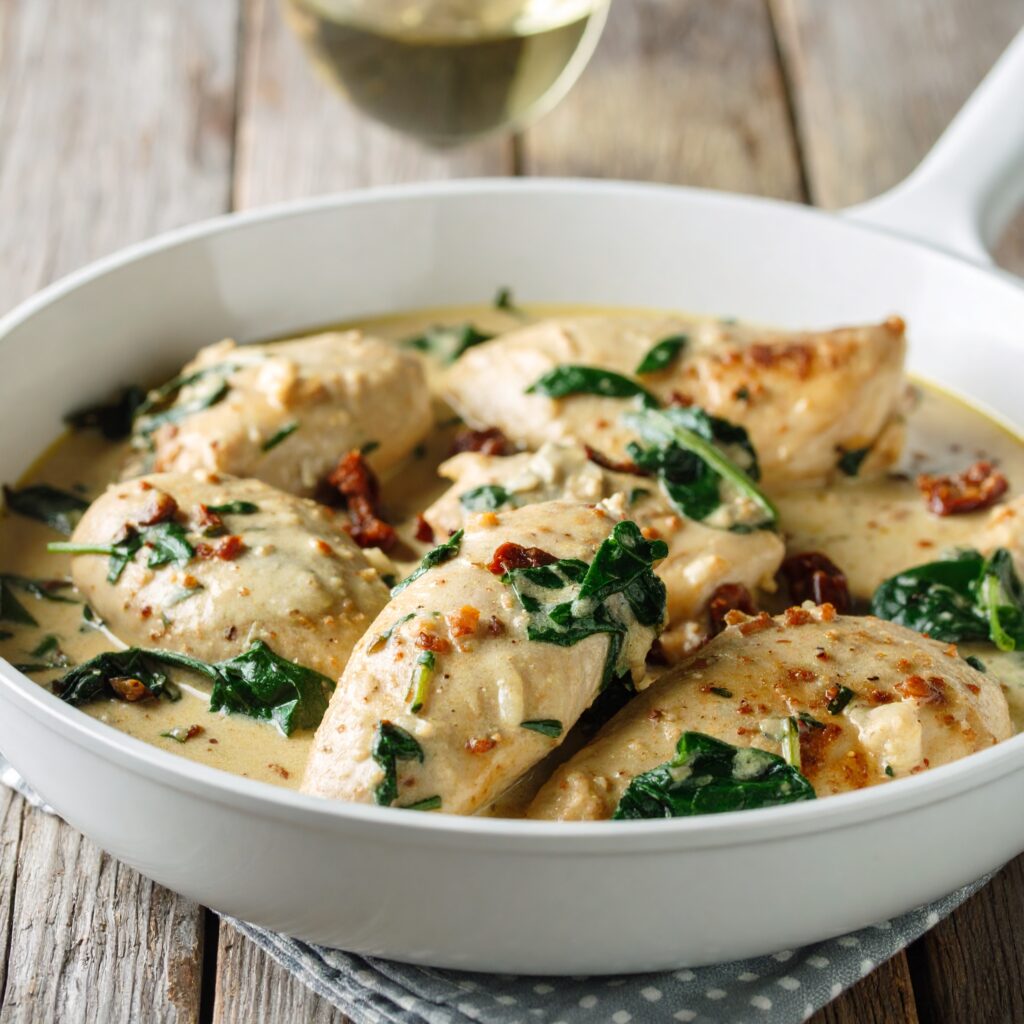 A large white skillet filled with golden chicken breasts in a creamy sauce, flecked with sun-dried tomatoes and spinach. Served on a rustic wood table with a glass of white wine nearby.