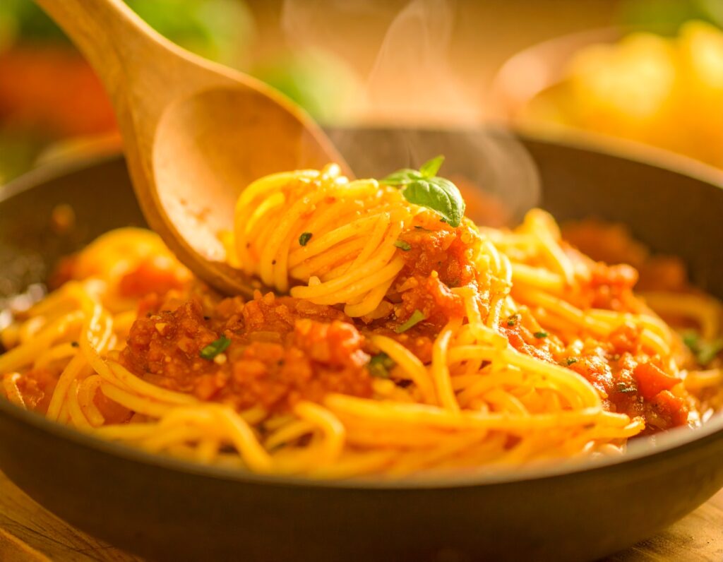 Crockpot spaghetti sauce slow-cooked with herbs and tomatoes in a ceramic pot.